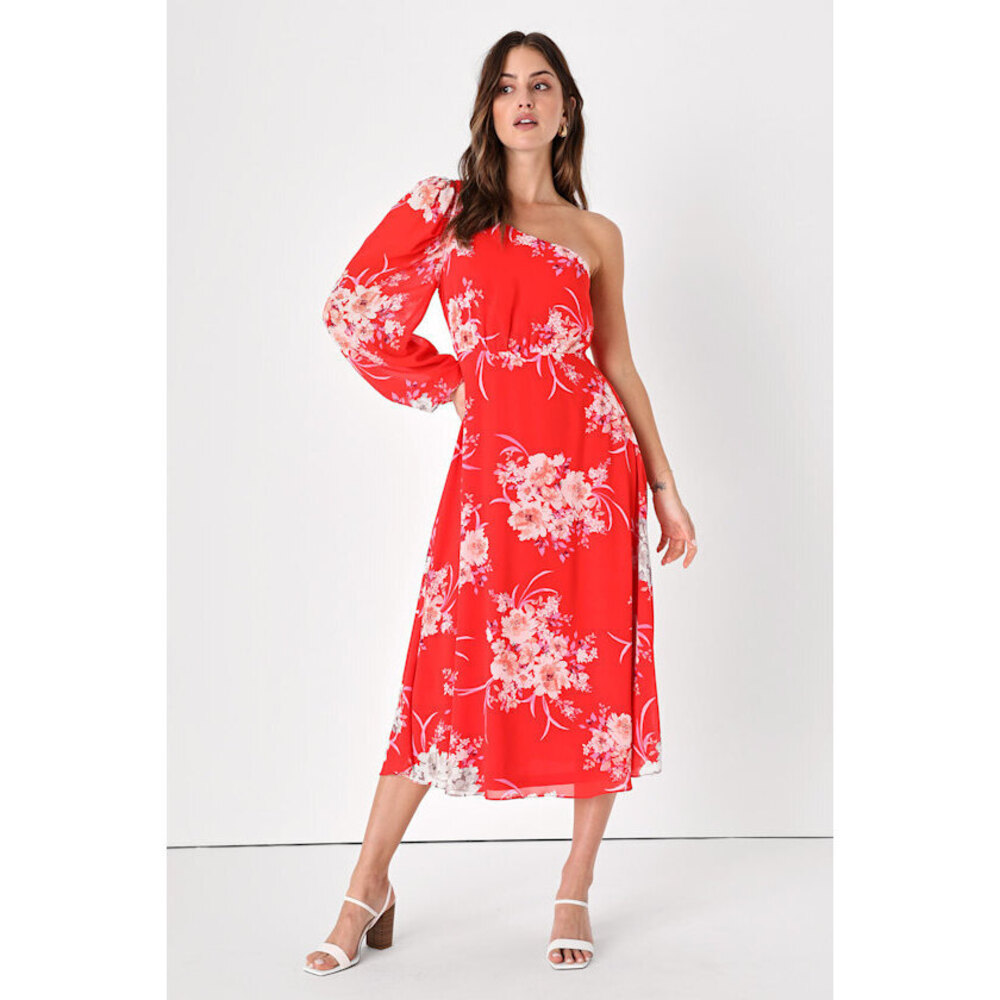 Lulus Brunch Besties Red Floral Print One-shoulder Midi Dress - Size XL